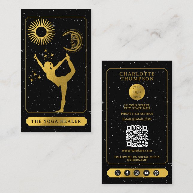 Celestial Tarot Logotyp Yoga Helare Svart Guld  Visitkort (Fram/baksida)