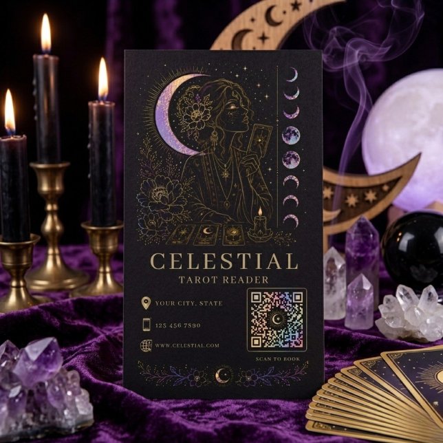 Celestial Tarot Reader Lyx Svart Guld QR  Visitkort (Skapare uppladdad)