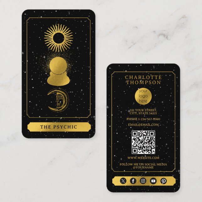 Celestial Tarot Reader Psychic Boll Guld Black Visitkort (Fram/baksida)