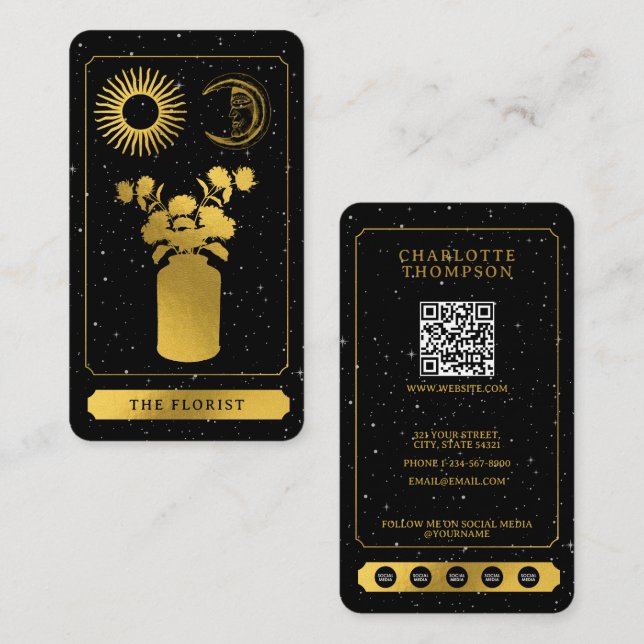 Celestial Tarot Sol Måne Florist Blommigt Guld Visitkort (Fram/baksida)