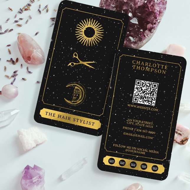 Celestial Tarot Sol Måne Hairdresser Black Guld Visitkort (Celestial Tarot Sun Moon Hairdresser Black Gold Business Card)