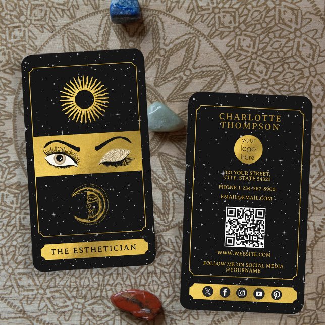 Celestial Tarot Sol Måne Makeup Artist Black Guld Visitkort (Celestial Tarot Sun Moon Makeup Artist Black Gold Business Card)