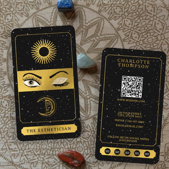 Celestial Tarot Sol Måne Makeup Artist Black Guld Visitkort (Celestial Tarot Sun Moon Makeup Artist Black Gold Business Card)
