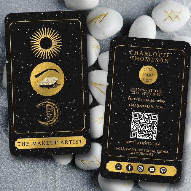 Celestial Tarot Sol Måne Makeup Artist Black Guld Visitkort (Celestial Tarot Sun Moon Makeup Artist Black Gold Business Card)
