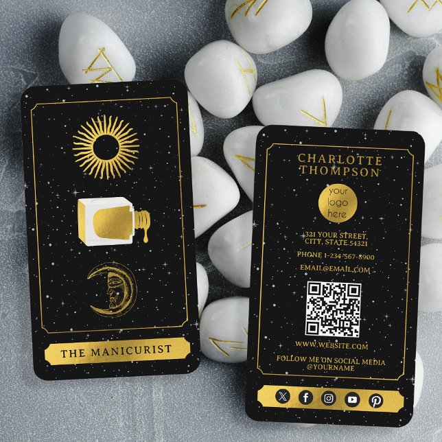 Celestial Tarot Sol Måne Nail Salon Black Guld Visitkort (Celestial Tarot Sun Moon Nail Salon Black Gold Business Card)