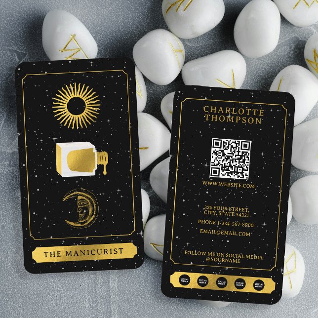Celestial Tarot Sol Måne Nail Salon Black Guld Visitkort (Celestial Tarot Sun Moon Nail Salon Black Gold Business Card)