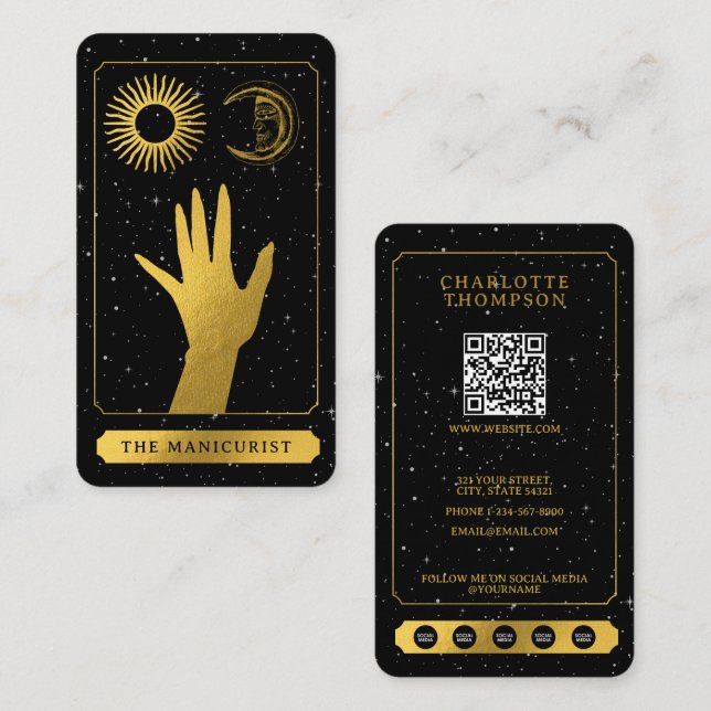 Celestial Tarot Sol Måne Nail Technician Guld Visitkort (Fram/baksida)