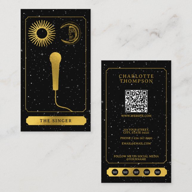 Celestial Tarot Sol Måne Sångare Mikrofon Guld Visitkort (Fram/baksida)
