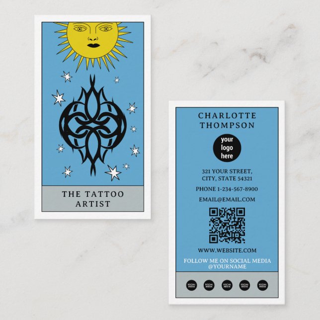 Celestial Tarot Sun Tattoo Artist Piercer Logo Visitkort (Fram/baksida)