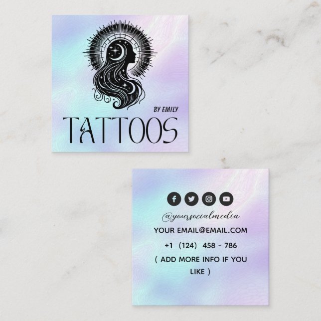 Celestial Tattoo Salon Holografisk Fyrkantigt Visitkort (Fram/baksida)