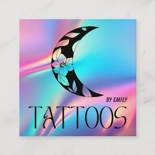 Celestial Tattoo Salon Måne Holografisk Fyrkantigt Visitkort (Framsida)