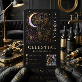 Celestial Tattoo Studio Lyx Svart Guld QR Tatuerin Visitkort