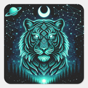 Celestial Tiger – Cosmic Striker Wildlife Galaxy Fyrkantigt Klistermärke