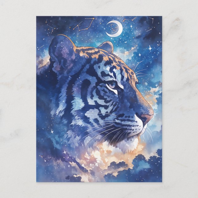 Celestial Tiger Portrait in Midnight Clouds Vykort (Framsida)