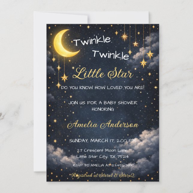 Celestial Twinkle Liten Stjärna Månen Baby Shower Inbjudningar (Framsida)