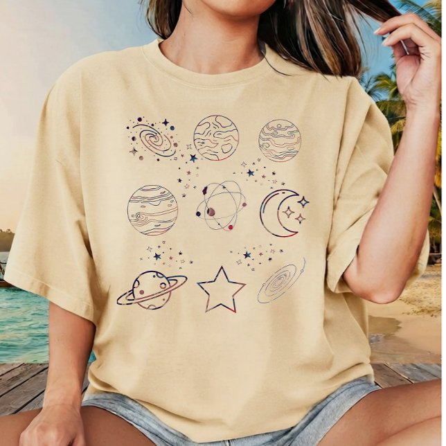 Celestial Universe Planets and Stars Flytande Marm T Shirt (Skapare uppladdad)