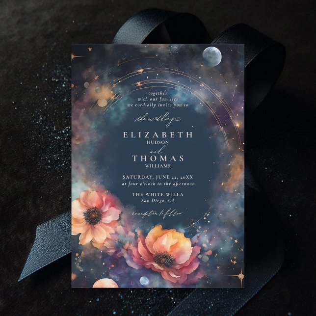 Celestial Vatten Måne Stars Blommigt Elegant bröll Inbjudningar (celestial wedding invitation moody dark midnight sky watercolor floral elegant modern classic)