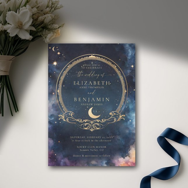 Celestial Vatten Midnight Blue Elegant bröllop Inbjudningar (celestial wedding invitation elegant frame watercolor moon stars sky modern classic)
