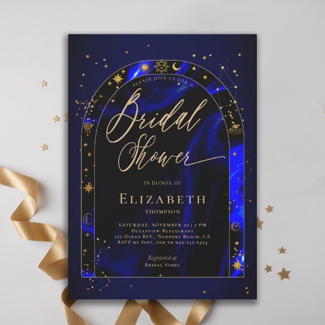 Celestial Vatten Starry Zodiac Arch Möhippa Inbjudningar (celestial bridal shower invitation zodiac signs astrology oracle universe mystical waters royal blue)