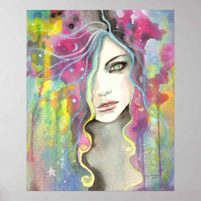 Celestial Vision Girl in Stars Pop Fantasy Art Poster (Framsidan)