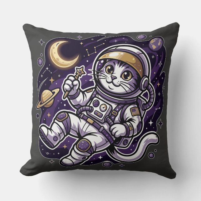Celestial Voyager: Purple Astronaut Cat Space Masc Kudde (Framsida)