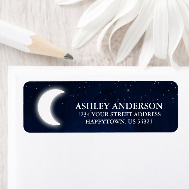 Celestial Watercolor Blå himmel Måne Stars Returadress Etikett (Insitu)