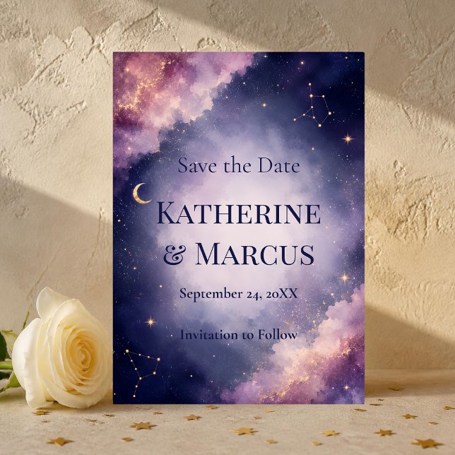 Celestial Watercolor Galaxy Spara Datum Inbjudningar (Elegant celestial watercolor save the date with dreamy galaxy clouds, gold stars and moon accents.)