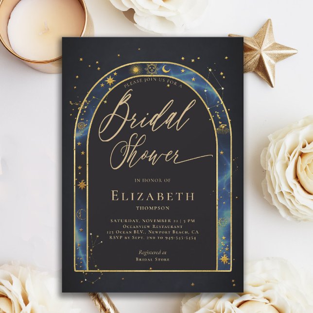 Celestial Waters Arch Starry Zodiac Bridal Shower Inbjudningar (celestial bridal shower invitation zodiac signs astrology oracle universe mystical waters blue arch)