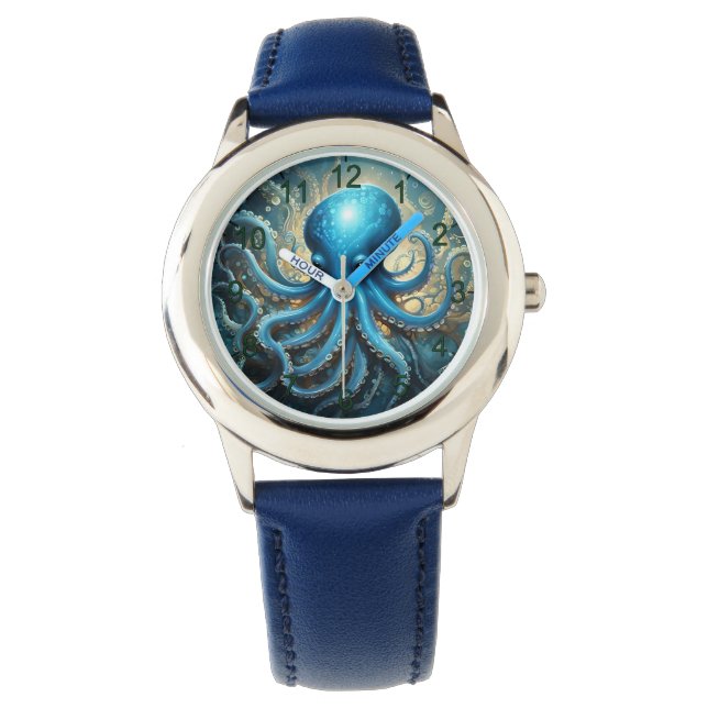Celestial Waves: Blue Octopus Fractal Art,  Armbandsur (Framsida)