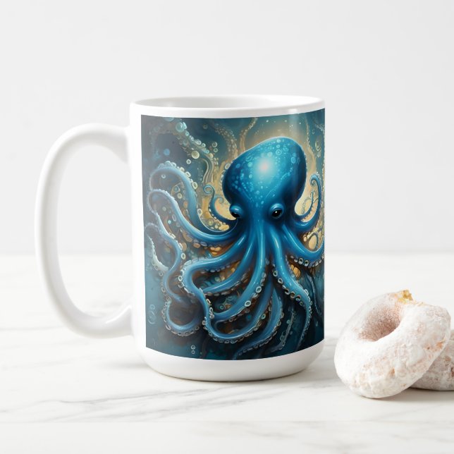 Celestial Waves: The Blue Octopus Fractal Art Kaffemugg (Med munk)