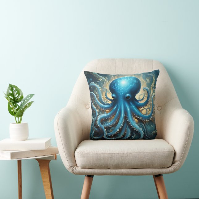Celestial Waves: The Blue Octopus Fractal Art Kudde (Stol)