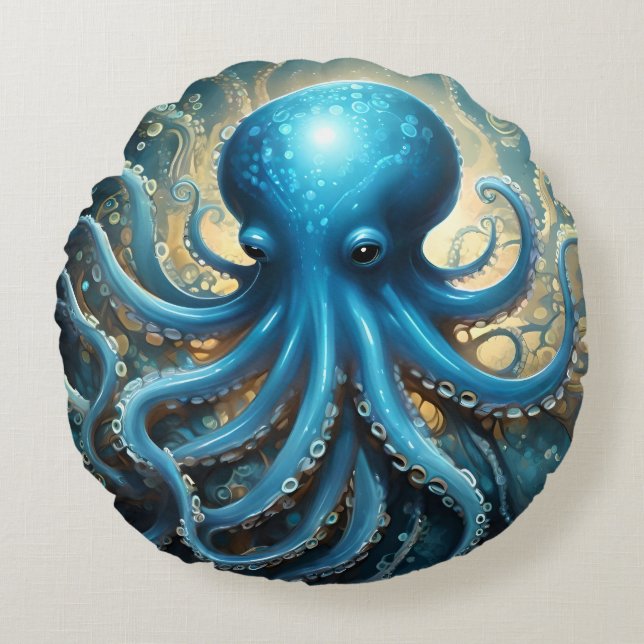 Celestial Waves: The Blue Octopus Fractal Art Rund Kudde (Framsidan)
