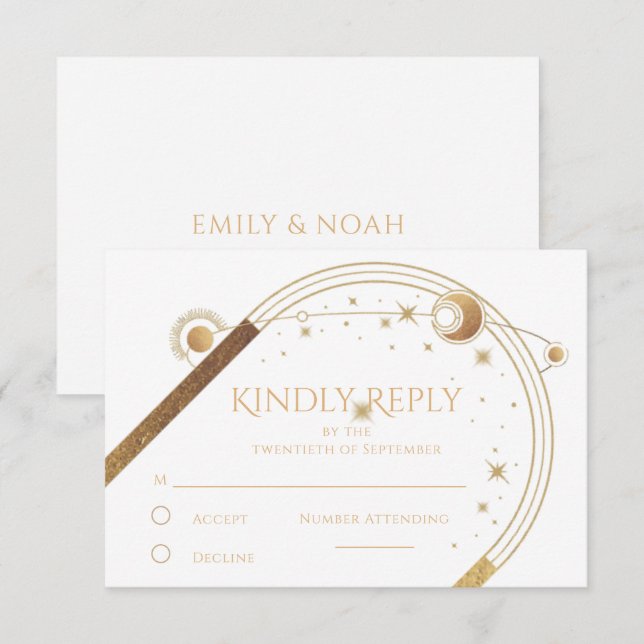 Celestial White Guld Sol Måne Stars Bröllop OSA Kort (Fram/baksida)
