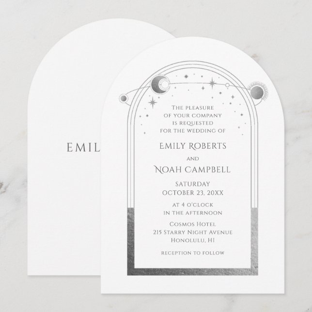 Celestial White Silver Sol Måne Stars Inbjudningar (Fram/baksida)