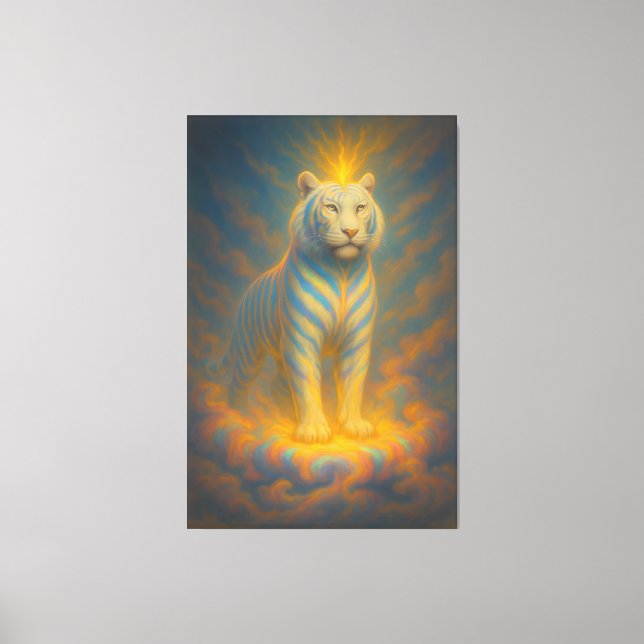 Celestial White Tiger – Golden Halo Divine Fantasy Canvastryck (Framsida)