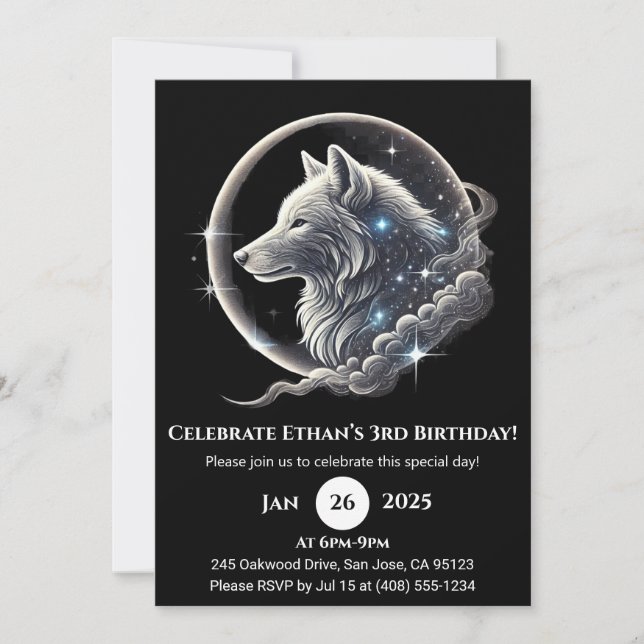 Celestial White Wolf Moon Birthday Invitation Inbjudningar (Framsida)