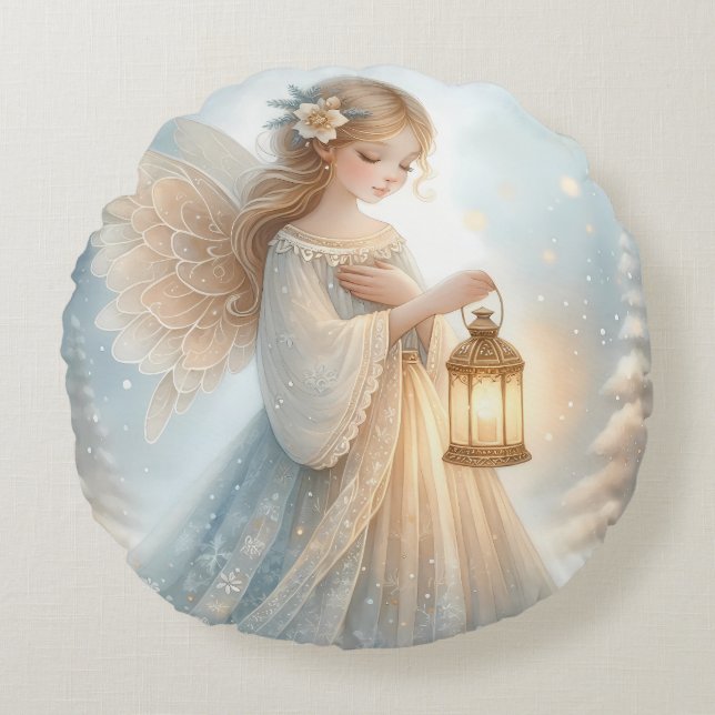 Celestial Winter Angel Lantern of Comfort Rund Kudde (Framsidan)