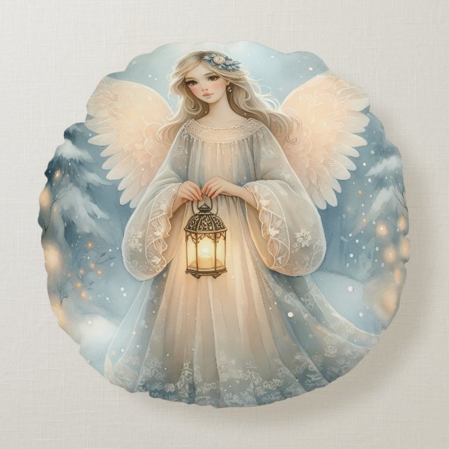 Celestial Winter Angel Lantern of Grace Rund Kudde (Framsidan)