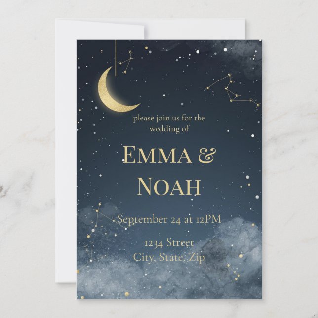 Celestial Winter Wedding Invitation | Navy & Gold Inbjudningar (Framsida)
