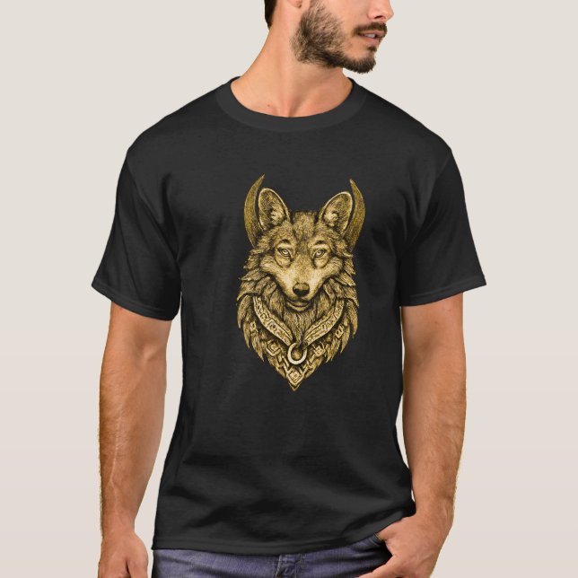 Celestial Wolf Moon Halo Folk Art T Shirt (Framsida)