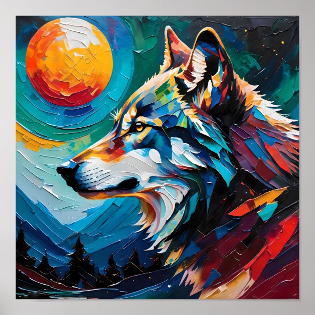 Celestial Wolf Under Painted Moon – Abstract  Poster (Framsidan)