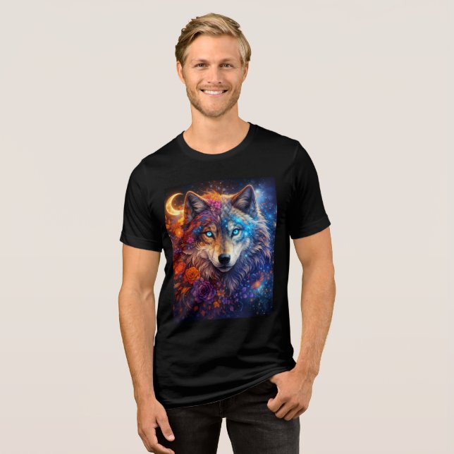 Celestial Wolf with Flowers and Crescent Moon T Shirt (Framsida Full)