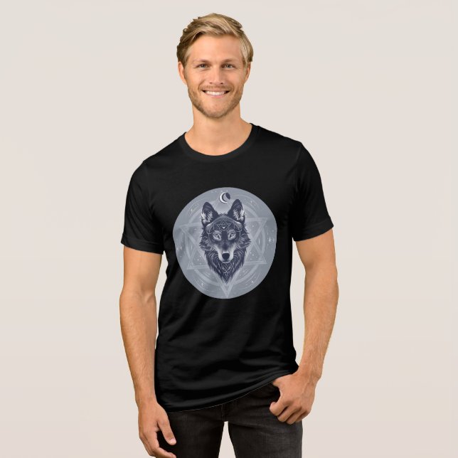 Celestial Wolf with Sacred Geometry T Shirt (Framsida Full)