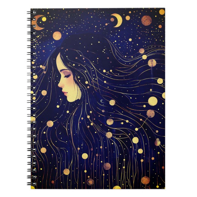 Celestial Woman Goddess Måne Stars Himlar Anteckningsbok (Framsidan)