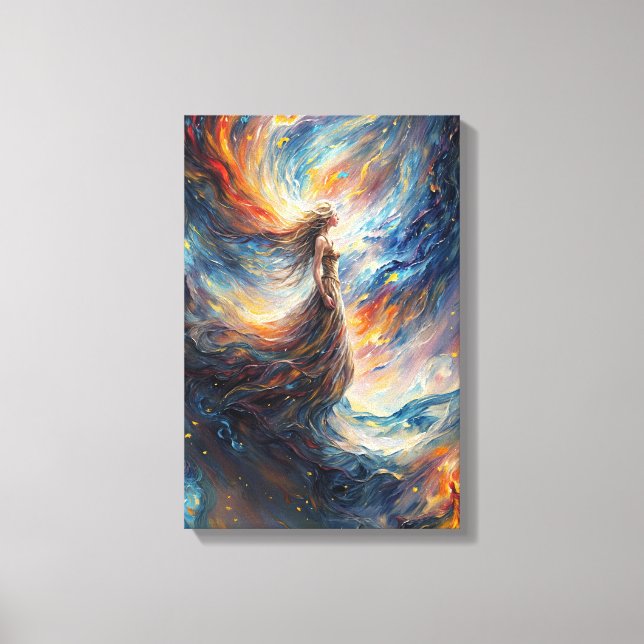 Celestial Woman in Fiery Cosmos Art Canvastryck (Framsida)