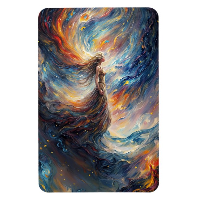 Celestial Woman in Fiery Cosmos Art Magnet (Vertikal)