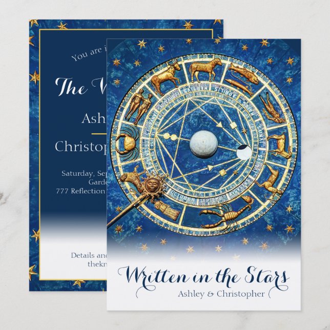 Celestial Zodiac Himlar marinblå Guld Stars Bröllo Inbjudningar (Fram/baksida)