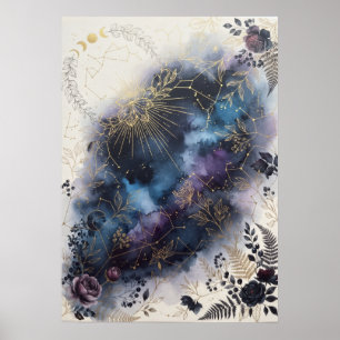 Celestial Zodiak Moth Mörk Blommig Affisch