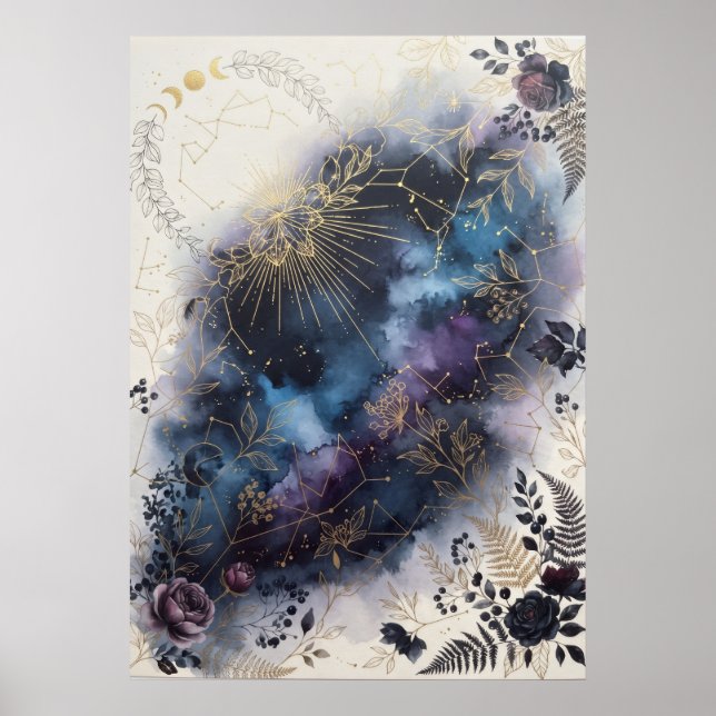 Celestial Zodiak Moth Mörk Blommig Affisch (Framsidan)