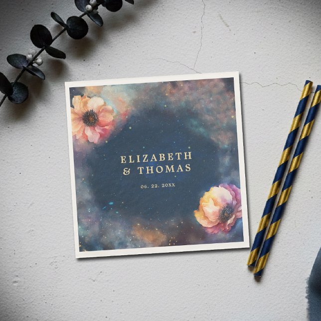 Celestiala Blommiga Galaxen Stjärnklara Natt Blå B Pappersservett (celestial floral galaxy wedding napkin watercolor navy blue starry night written in the stars)
